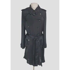 YVESSAINTLAURENT Women Button Up Trench Coat Sz L Black Satin Light Weight 325A